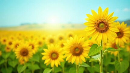 Fototapeta premium Vibrant Sunflowers Basking in Golden Sunlight Across a Lush Field, Creating a Serene and Joyful Summer Landscape