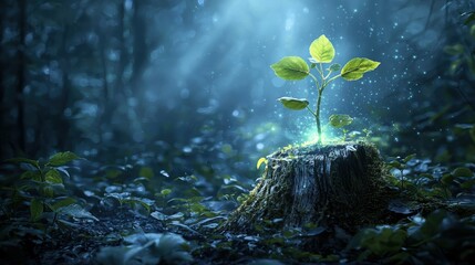 Fototapeta premium Resilience in the fog a glowing sapling emerges in darkness