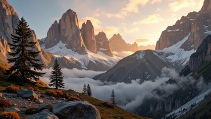 Obraz premium A sunlit grassy hillside adorned with scattered majestic trees and intriguing large rocks, framed by lush greenery