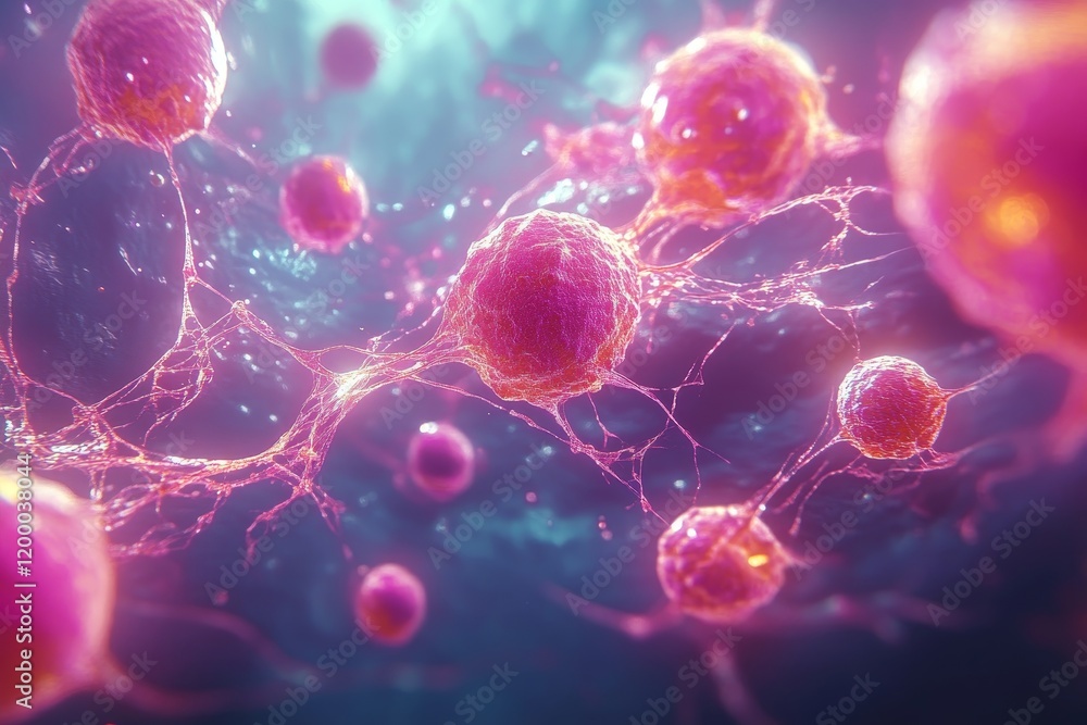 Poster microscopic view of cancer cells interconnected in a network a medical background, 3d render.