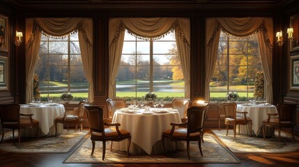 Fototapeta premium Elegant dining area in a golf clubhouse overlooking a scenic landscape at sunset