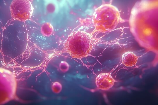 Microscopic View of Cancer Cells Interconnected in a Network A Medical Background, 3D Render.