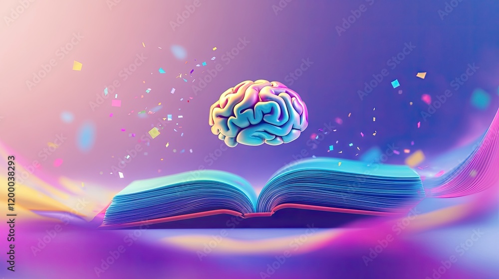 Poster A vibrant brain floats above an open book with confetti