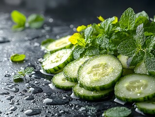 Fresh Slices of Cucumber with Mint Leaves on a Dark Background with Water Drops Creating a Refreshing and Vibrant Culinary Scene for Healthy Recipes