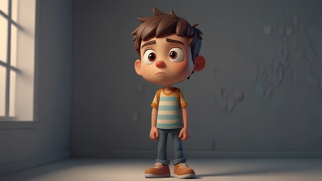 A 3d cartoon lazy boy lookind sad and nervious