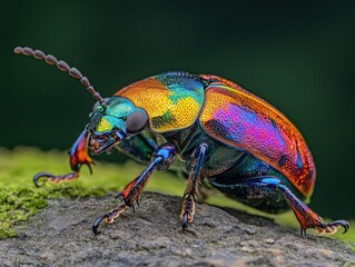 Naklejka premium A rare jewel beetle showcases its dazzling metallic hues in stunning detail