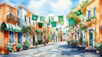Fototapeta premium A vibrant street scene featuring colorful buildings, hanging decorations, and lush greenery, evoking a festive atmosphere.