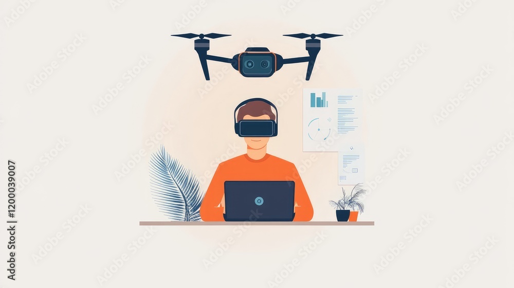 Poster Man using VR headset controls drone via laptop