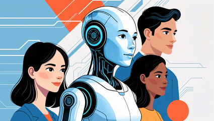 Robot and people collaborating, futuristic concept of ai, machine learning, innovation and teamwork driving modern technology and digital progress.
