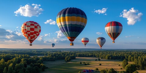 Obraz premium Hot air balloons gracefully rise, filling the sky above fields and trees during sunset