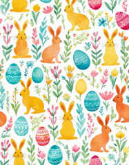 Modern Easter pattern, sleek yet fun motifs like geometric eggs, rabbits, and blooming flowers, clean lines with bold pastel tones, festive yet contemporary holiday celebration atmosphere.