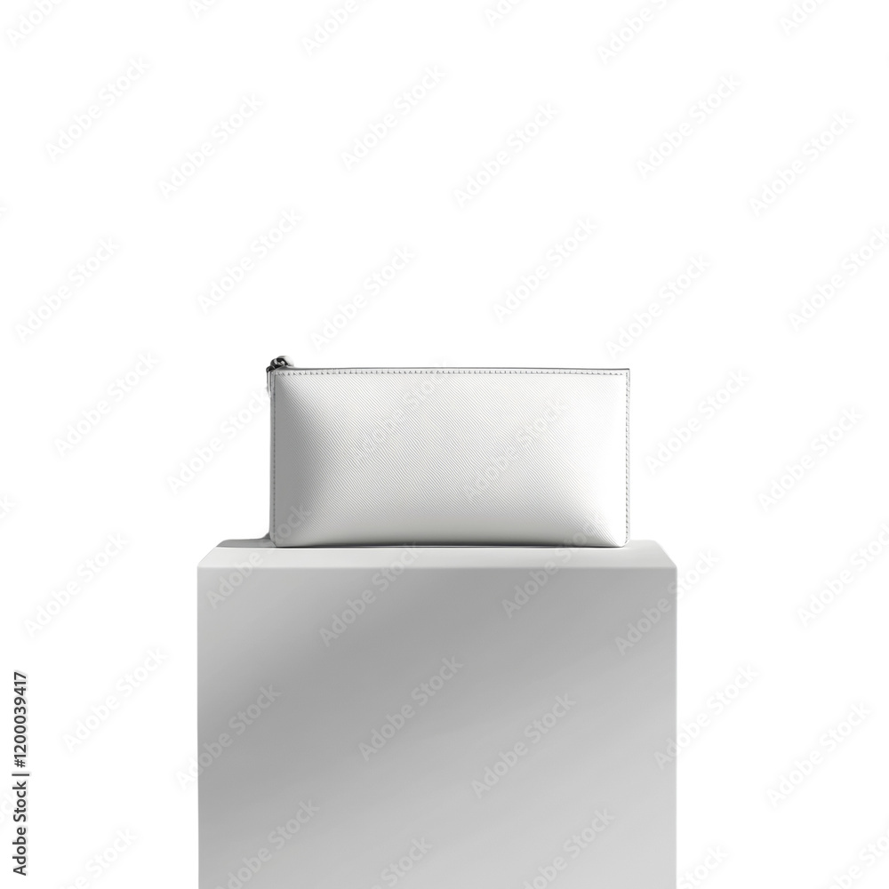 Leinwandbilder a pristine white leather clutch sits on a simple white cube against a stark white background, creati