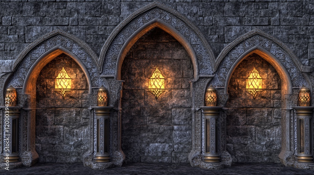 Poster gothic archway wall with illuminated lanterns