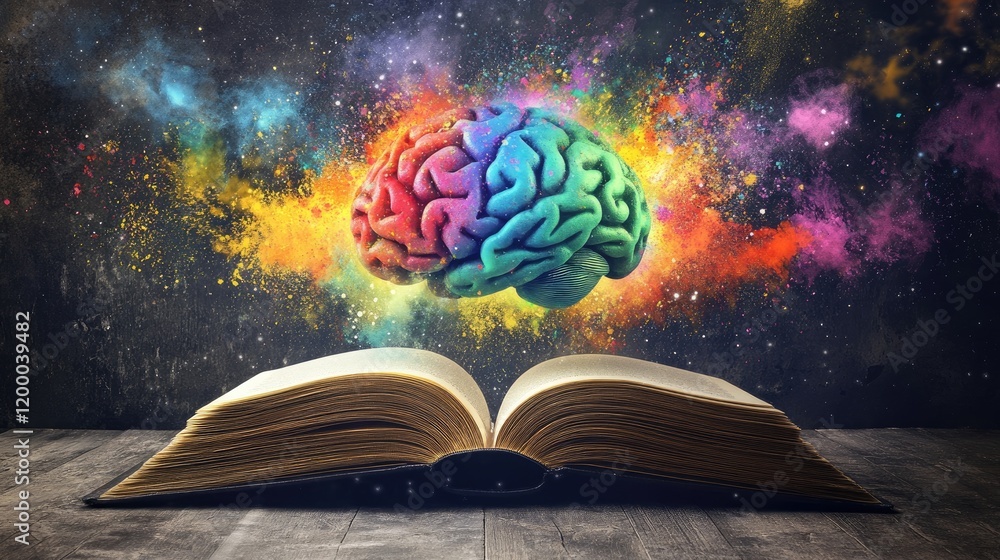 Poster a colorful brain emerging from an open book