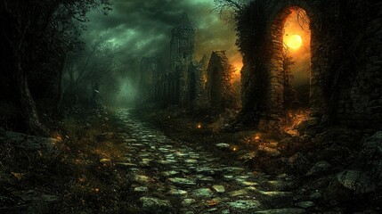 Obraz premium A mystical cobblestone path leads through a ruined abbey bathed in eerie moonlight. Fireflies illuminate the path to an unknown destination. Ideal for fantasy or gothic projects.