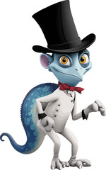 Sophisticated lizard in a black top hat, posing elegantly in a cartoon style. Vector illustration.