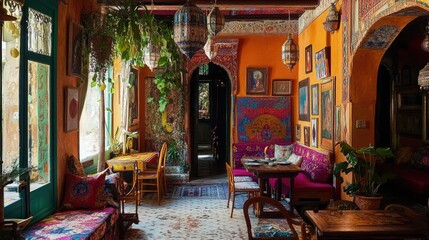 Obraz premium Vibrant eclectic interior design features rich colors and textiles