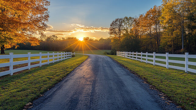 Serene Country Road at Sunset with White Fence