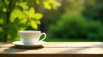 A serene morning cup of tea, gently warmed by sunlight, rests on a wooden table amidst a tranquil garden backdrop.