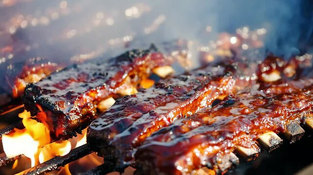Smokey ribs with bbq sauce on a grill