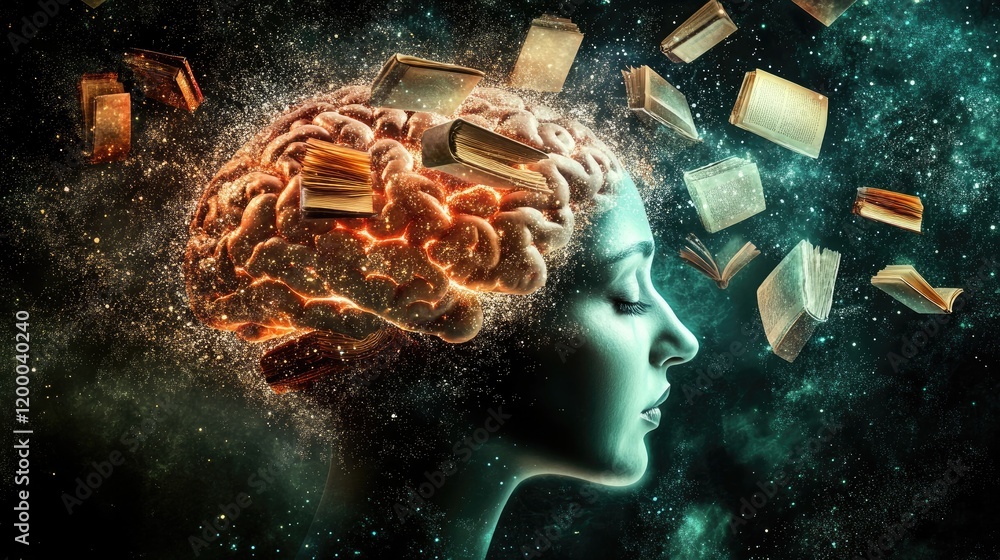 Poster a glowing brain surrounded by floating books