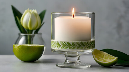Wax white burning candle and sliced lime fruits, flowers and green leaves on a gray background. Decorative interior composition.