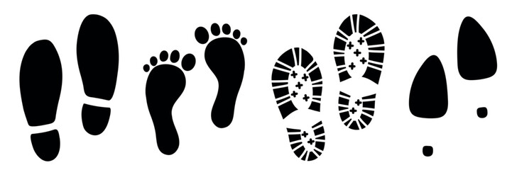 Different human footprints collection. Set human footprints. Shoes for woman and men. Flat linear design. Black silhouettes isolated. Vector illustration