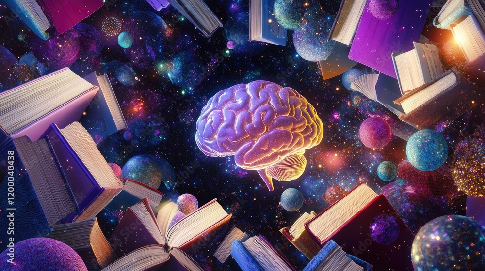 Poster cosmic brain surrounded by books and planets