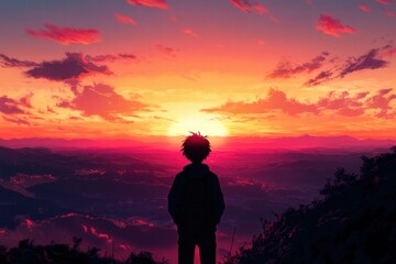 Obraz premium Traveler admires breathtaking sunset from mountaintop at golden hour on a tranquil evening. Generative AI