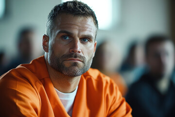 Man in orange prison uniform holding bars, looking through while raindrops trickle down window. Glimpse of outside world blurred.