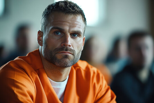 Man in orange prison uniform holding bars, looking through while raindrops trickle down window. Glimpse of outside world blurred.