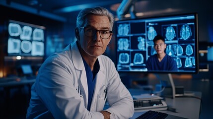A doctor is sitting at a desk with two monitors in front of him. One of the monitors shows a man with a head injury. The doctor is looking at the monitor and he is focused on the patient's condition