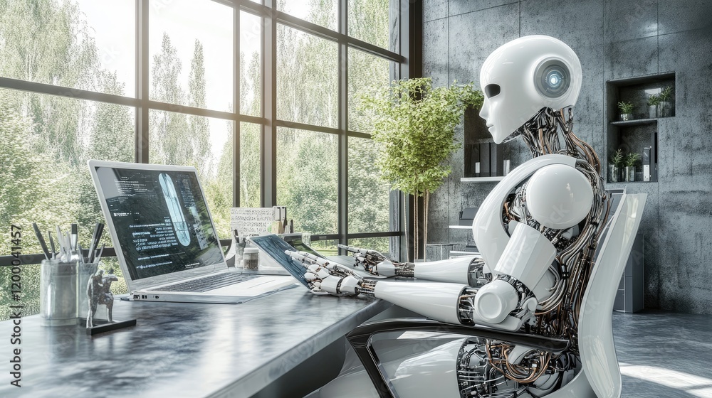 Poster advanced robot working at modern office desk