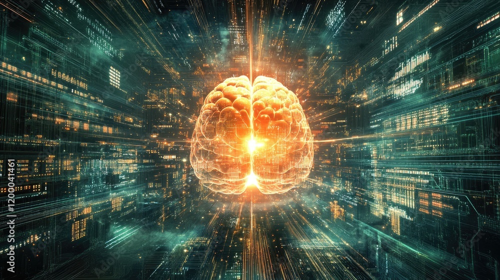 Poster illuminated brain within a digital cityscape