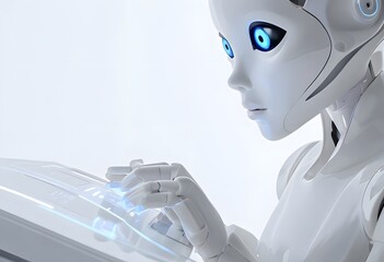 A modern robot made of white plastic is working intently on an interactive panel.