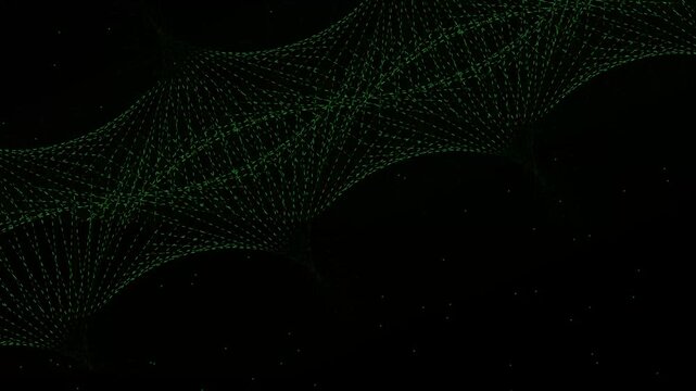 Green wave lines particles motion digital dynamic isolate geometric lines, animated curved dot line particle background.