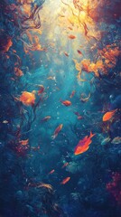Orange Fish Swim Among Abstract Underwater Kelp