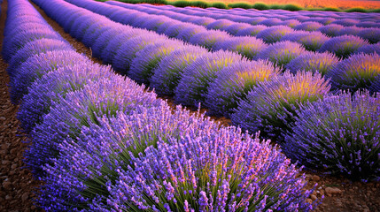 Naklejka premium A large farm growing lavender, a fragrant flower with an incredibly beautiful scent. Impeccable lavender seedlings on a sunny field.