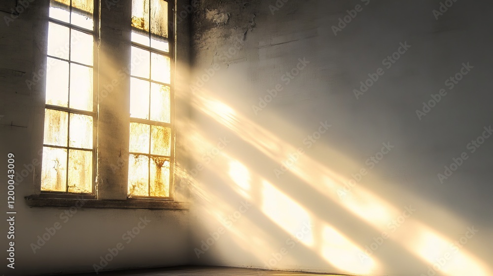 Aufkleber sunbeams through old window, creating light and shadow pattern on empty grunge room wall.