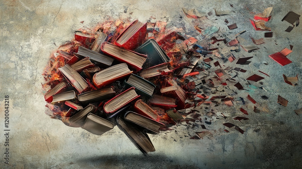 Poster Exploding Books Forming A Brain Shaped Cloud