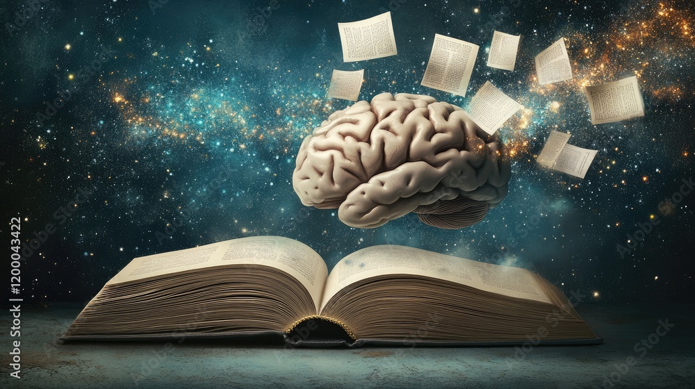 Poster a human brain above an open ancient book in space