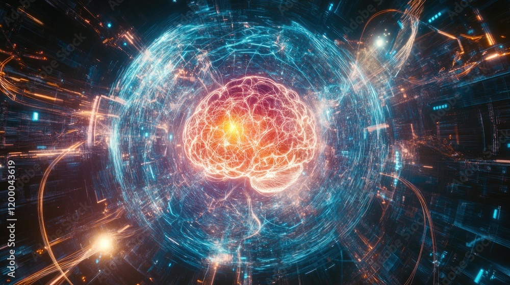 Poster digital brain network illuminated in vibrant hues