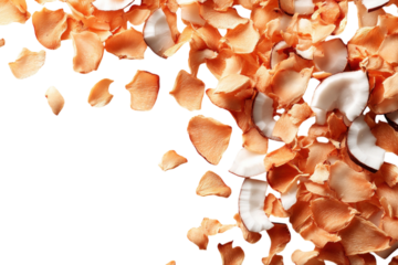 Beautiful arrangement of orange petal and coconut flakes on a white background creating an artistic display of natural elements