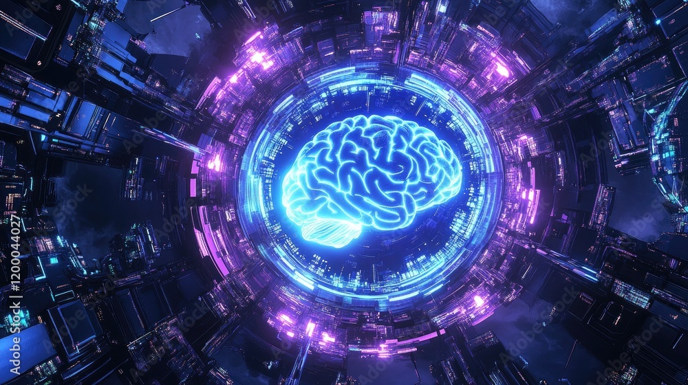 Poster Digital Brain Within Futuristic Technological Structure