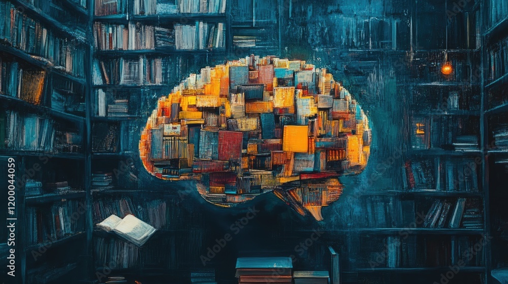 Poster abstract brain composed of books in a library