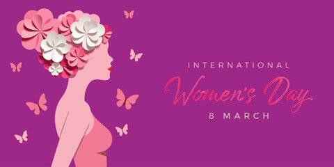 Illustration of International Women's Day featuring a female silhouette adorned with flowers, symbolizing beauty and empowerment, amidst butterflies.