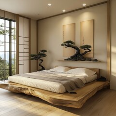 Serene Minimalist Bedroom With Wooden Platform Bed And Bonsai