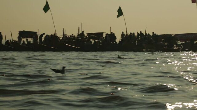 Boats leading pilgrims to Ganges bath, Maha Kumbh Mela, Allahabad, India