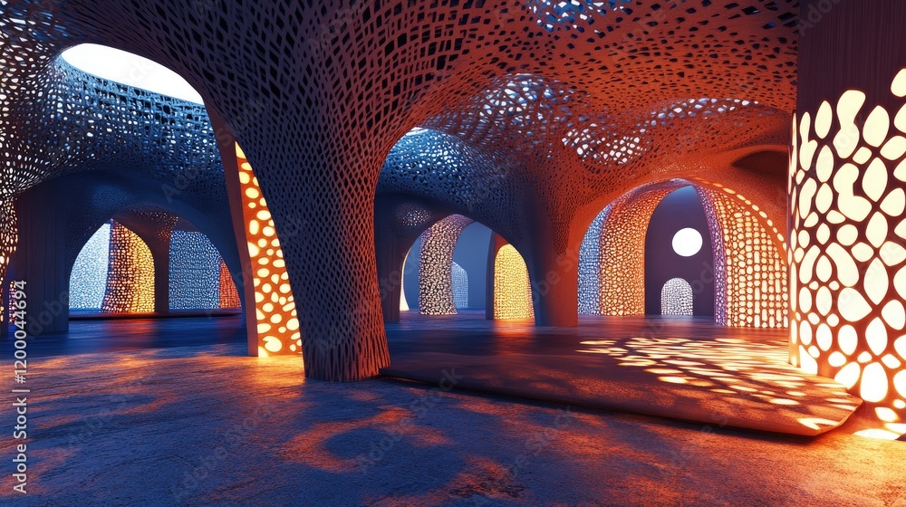 Poster Illuminated Architectural Interior With Intricate Latticework Design