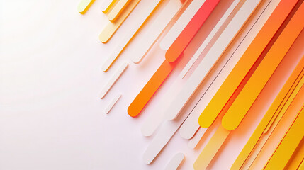 Bright minimalist sun rays design, bold and straight lines in vibrant tones of orange, yellow, and coral radiating from a sun in the corner, dynamic and simple composition on a white background 